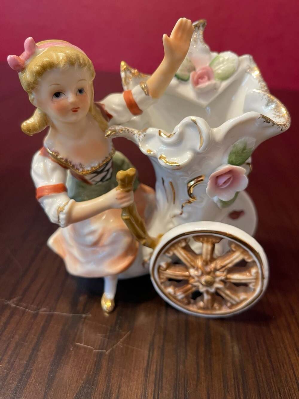 Vintage Porcelain Girl Pushing Floral Carriage Spill Vase Planter